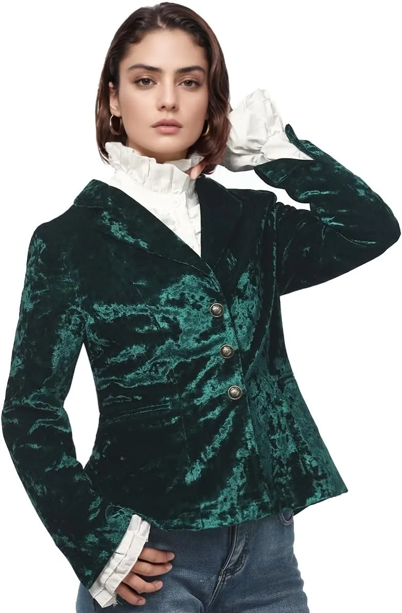 Women's Vintage Velvet Suit Jacket V-Neck Pocket Long Sleeves Dressy Coat Retro Casual Tops