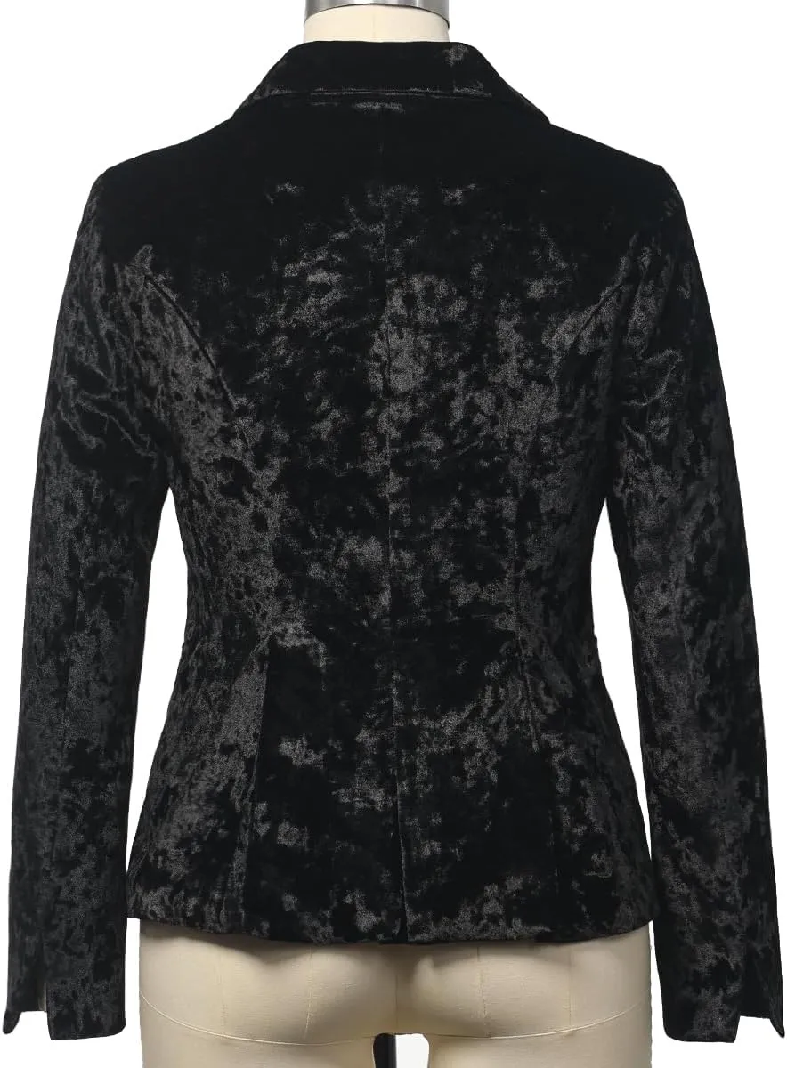 Women's Vintage Velvet Suit Jacket V-Neck Pocket Long Sleeves Dressy Coat Retro Casual Tops