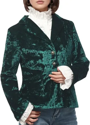 Women's Vintage Velvet Suit Jacket V-Neck Pocket Long Sleeves Dressy Coat Retro Casual Tops