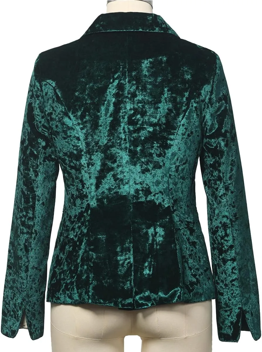 Women's Vintage Velvet Suit Jacket V-Neck Pocket Long Sleeves Dressy Coat Retro Casual Tops