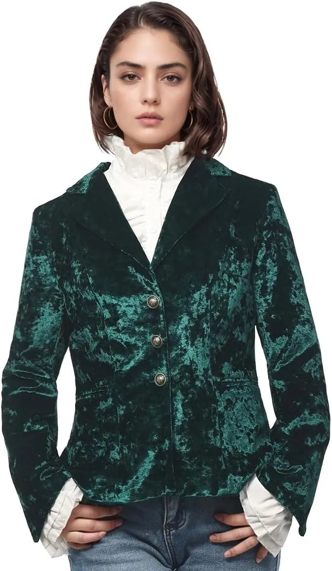 Women's Vintage Velvet Suit Jacket V-Neck Pocket Long Sleeves Dressy Coat Retro Casual Tops
