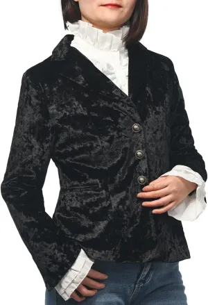 Women's Vintage Velvet Suit Jacket V-Neck Pocket Long Sleeves Dressy Coat Retro Casual Tops
