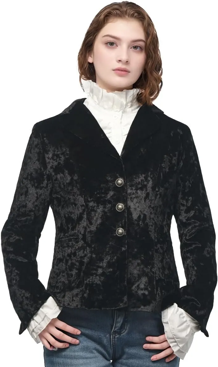 Women's Vintage Velvet Suit Jacket V-Neck Pocket Long Sleeves Dressy Coat Retro Casual Tops