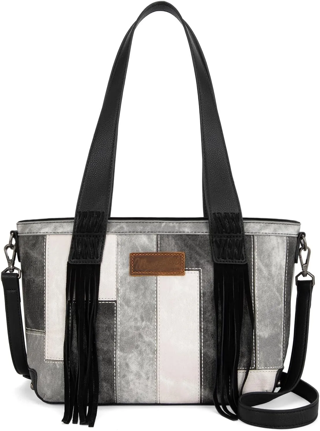 Wrangler Western Fringe Tote Bag for Women, Vintage Patchwork Shoulder Handbag, Denim-Look Crossbody Purse