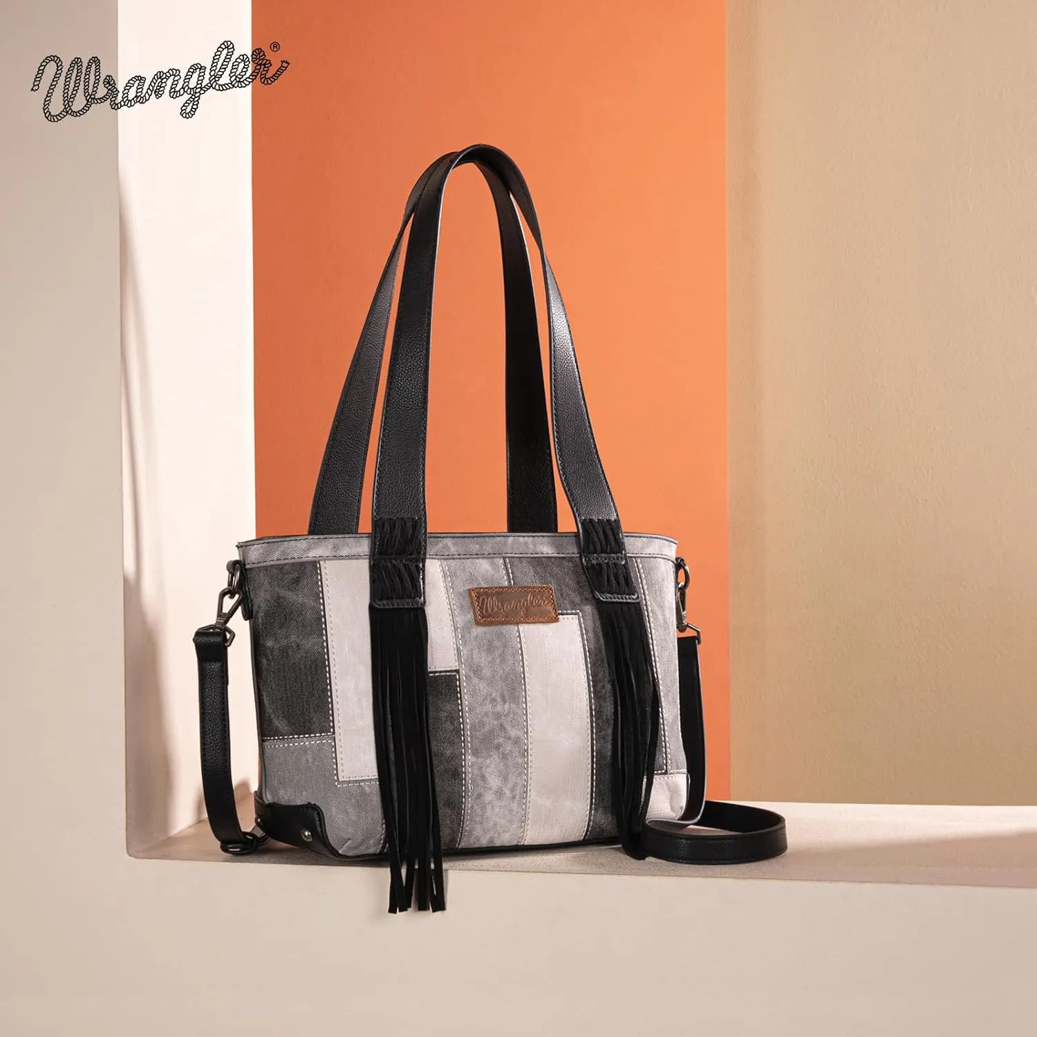 Wrangler Western Fringe Tote Bag for Women, Vintage Patchwork Shoulder Handbag, Denim-Look Crossbody Purse