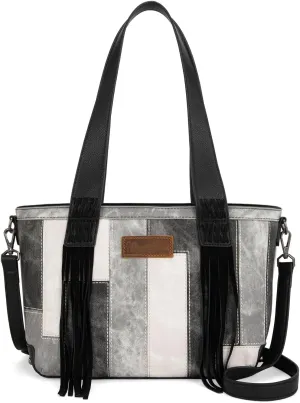 Wrangler Western Fringe Tote Bag for Women, Vintage Patchwork Shoulder Handbag, Denim-Look Crossbody Purse