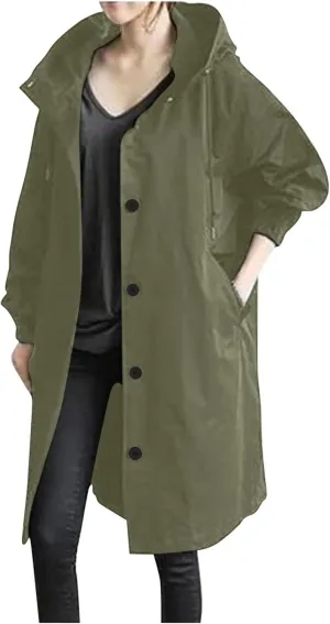 XUNRYAN Plus Size Women's Trench Jackets Rain Jacket Loose Hooded Oversized Elegant Windbreaker Comfortable Coat Outwear