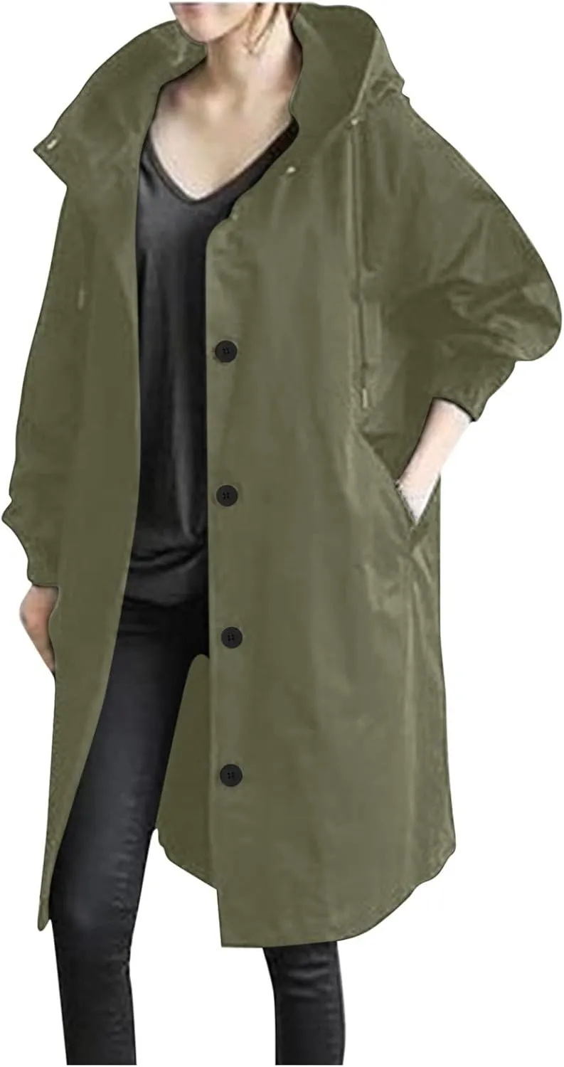 XUNRYAN Plus Size Women's Trench Jackets Rain Jacket Loose Hooded Oversized Elegant Windbreaker Comfortable Coat Outwear