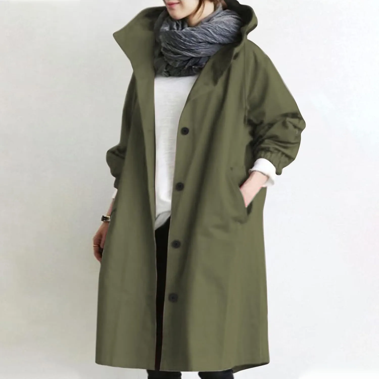 XUNRYAN Plus Size Women's Trench Jackets Rain Jacket Loose Hooded Oversized Elegant Windbreaker Comfortable Coat Outwear