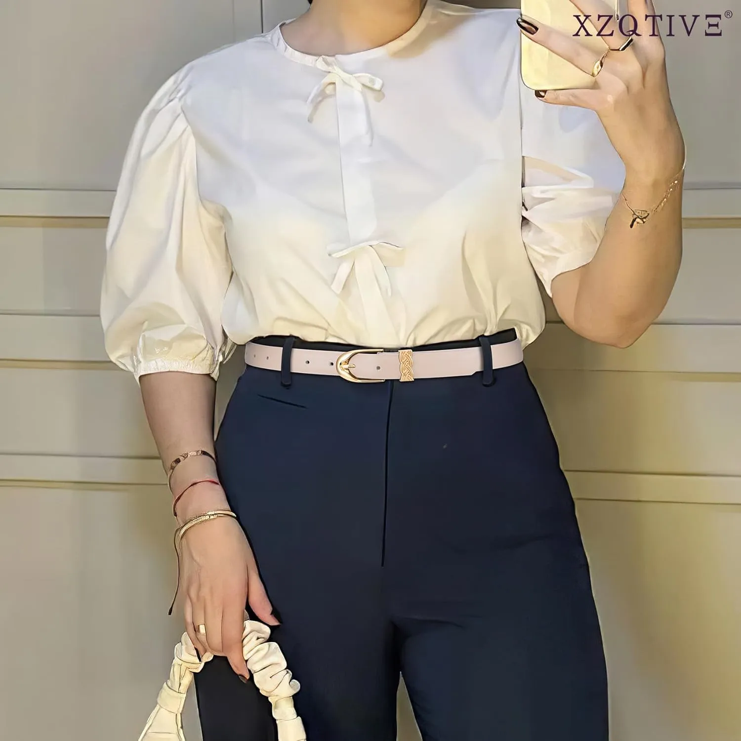 XZQTIVE Womens Leather Belts for Jeans Dresses Pants, Fashion Black Brown Gold Buckle Design