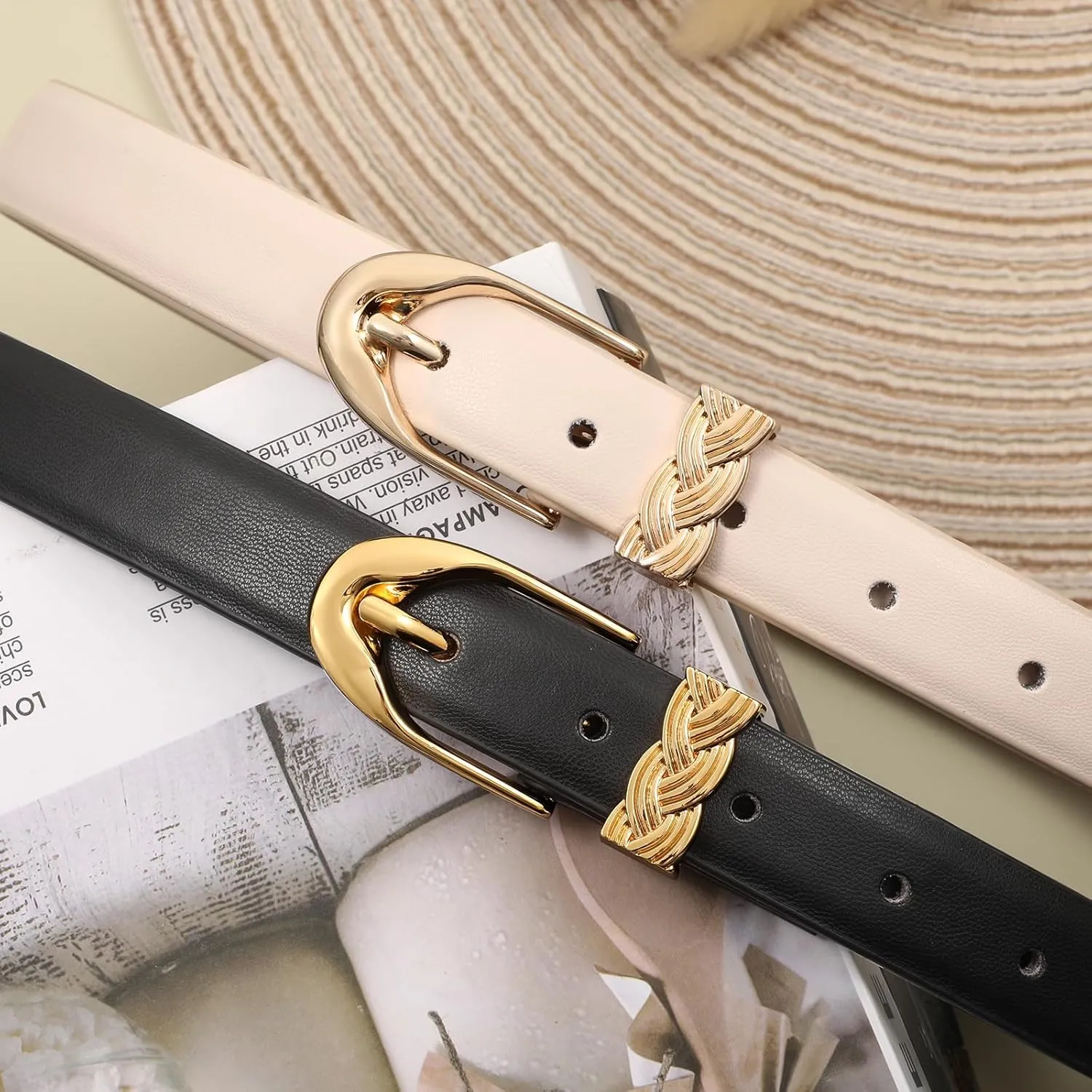 XZQTIVE Womens Leather Belts for Jeans Dresses Pants, Fashion Black Brown Gold Buckle Design
