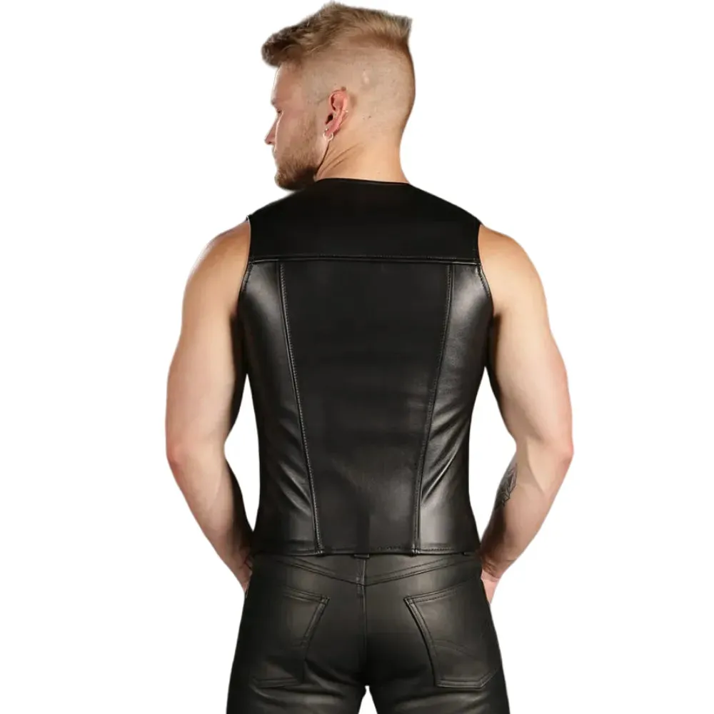Zip Front Gay Leather Vest With Black Piping