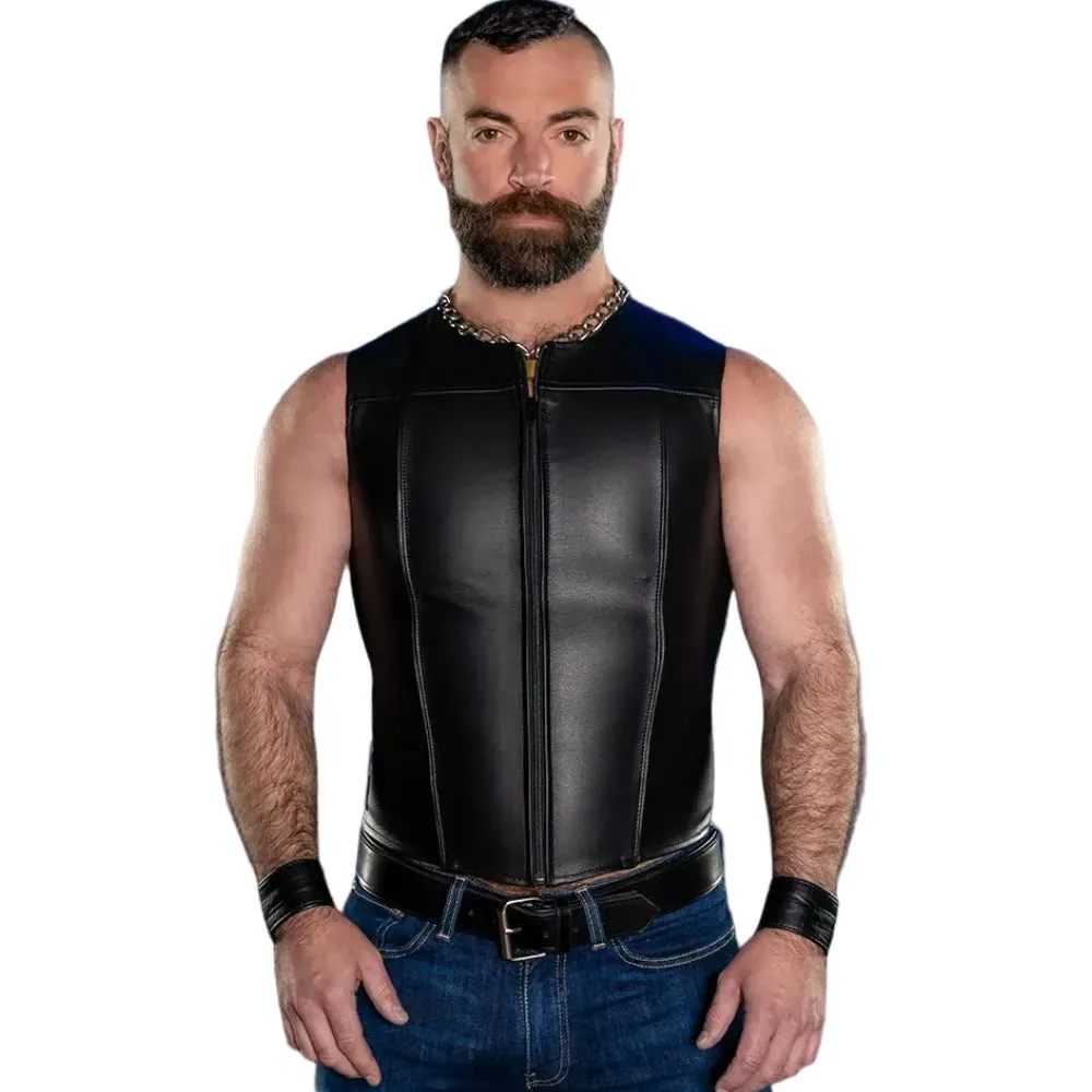 Zip Front Gay Leather Vest With Black Piping