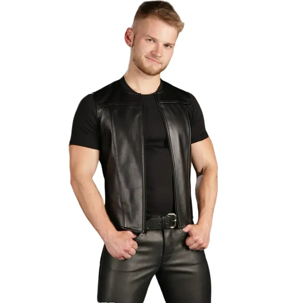 Zip Front Gay Leather Vest With Black Piping