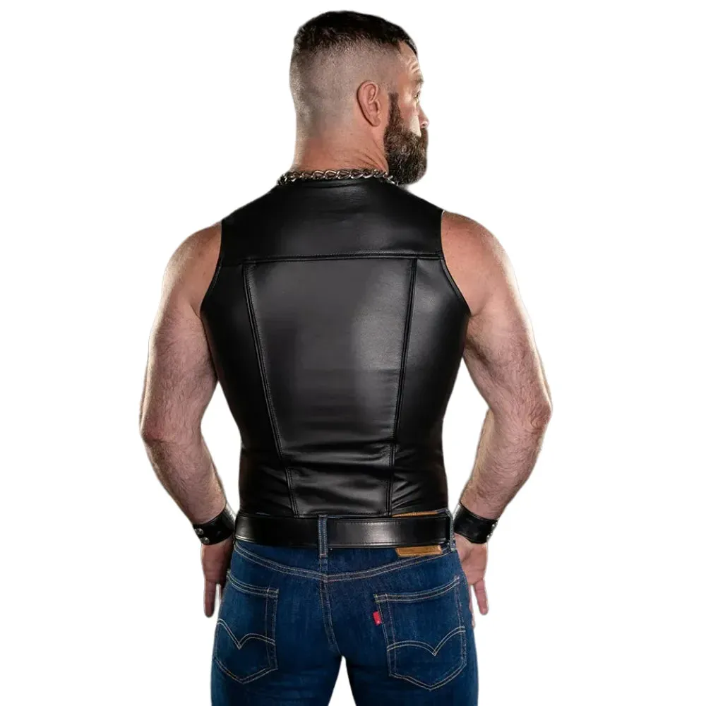 Zip Front Gay Leather Vest With Black Piping