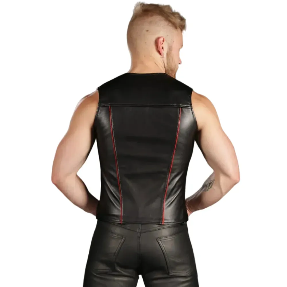 Zip Front Gay Leather Vest With Red Piping